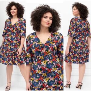 Eloquii Elements Dress Women 16 Multicolor Floral Keyhole Knee Length Flounce